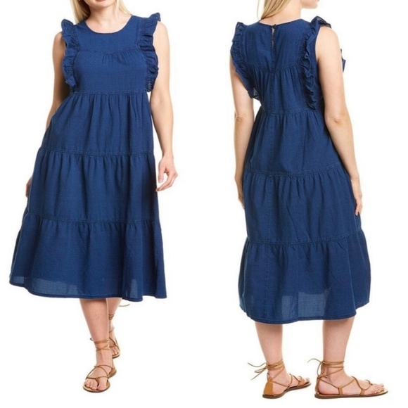 Madewell Dresses & Skirts - Madewell Indigo Blue Ruffled-Bodice Tiered Sleeveless Midi Dress Size small